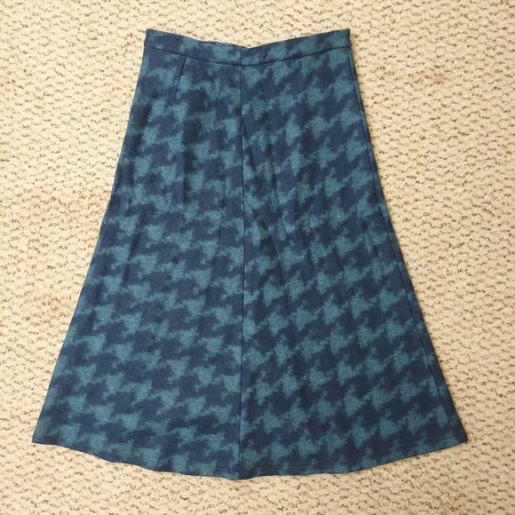VTG Free People Houndstooth Wool Blend A-Line Midi Skirt Blue Sz 5 Made in USA - Picture 2 of 10